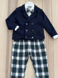 Completocon pantalone in tartan e giacca a doppio petto blu