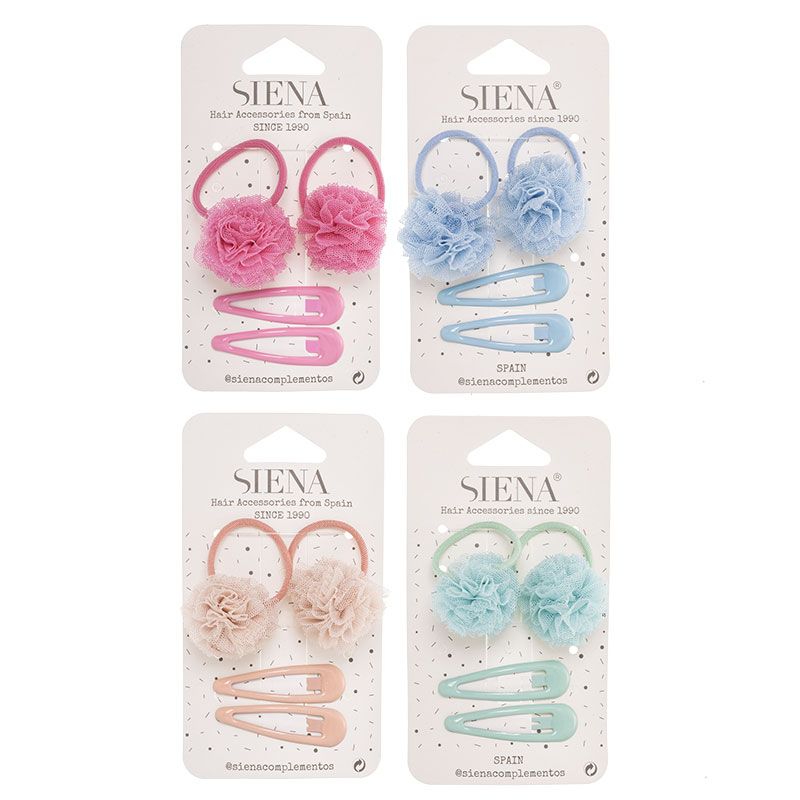 Confezione da due elastici per capelli con pompon in tulle edue fermagli