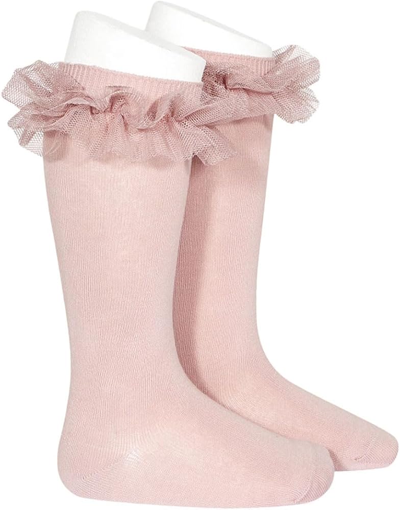 Calze lunghe a maglia rasata con tulle arricciato