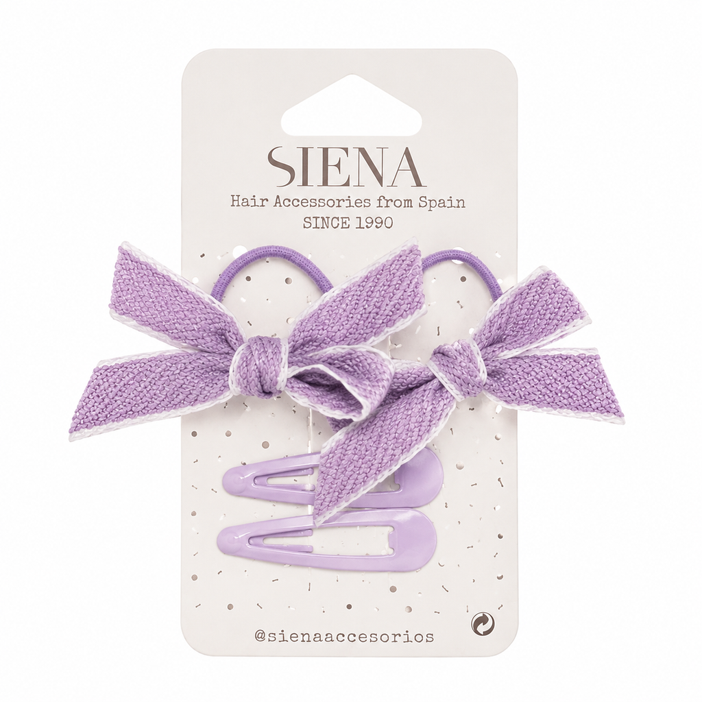 Confezione da due elastici con fiocco testurizzato + 2 fermagli