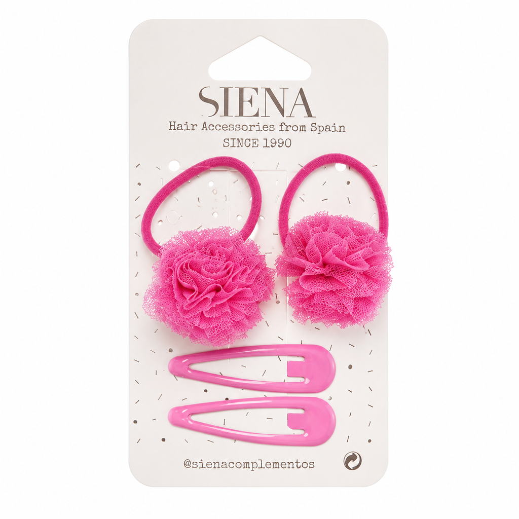 Confezione da due elastici per capelli con pompon in tulle edue fermagli