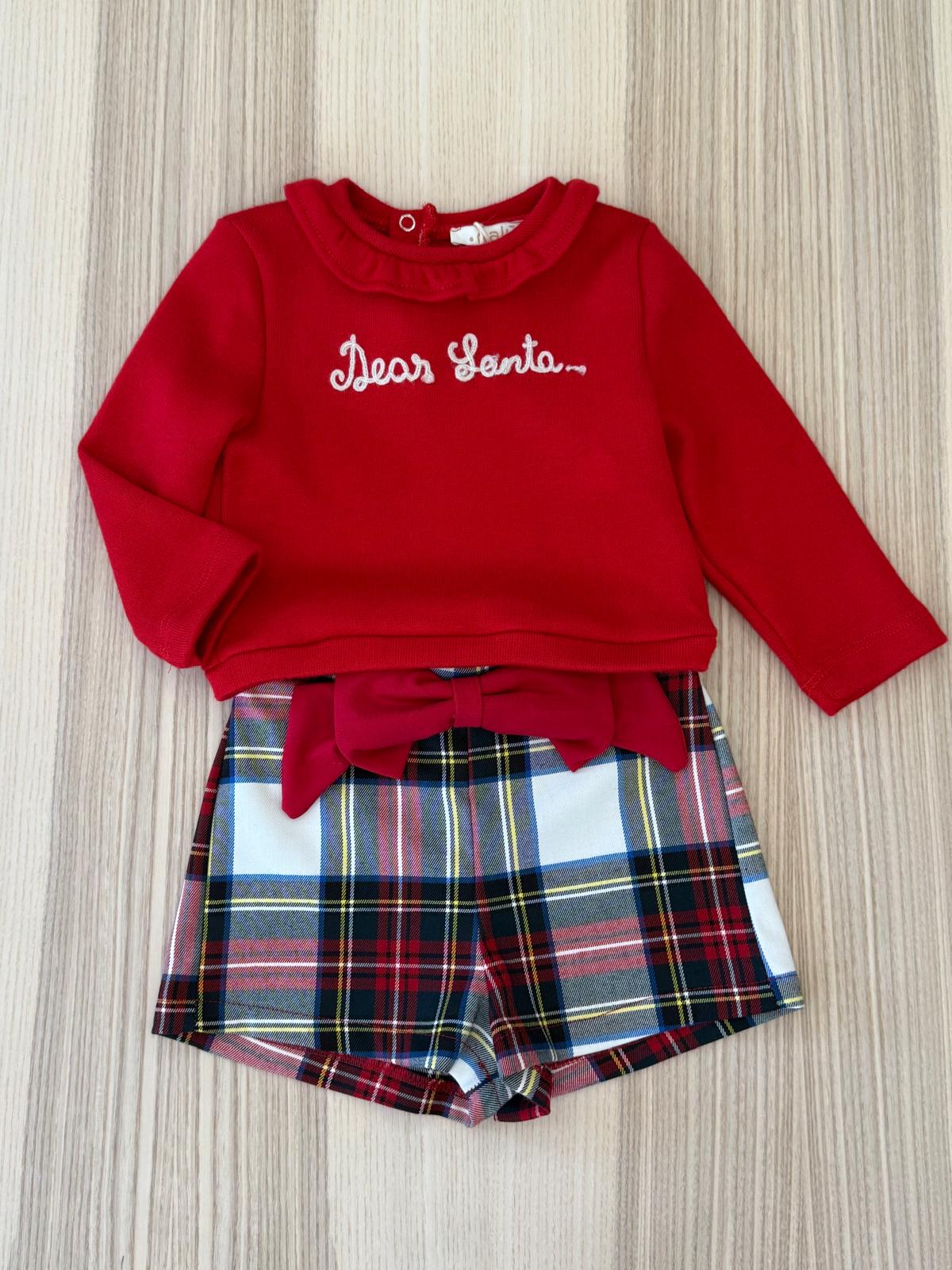 Completo con shorts tartan e maglioncino "Dear Santa..."